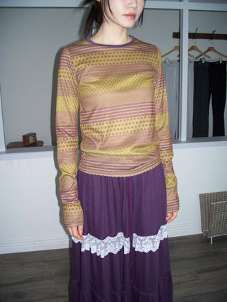 Punched striped dot pattern long-sleeve T-shirt