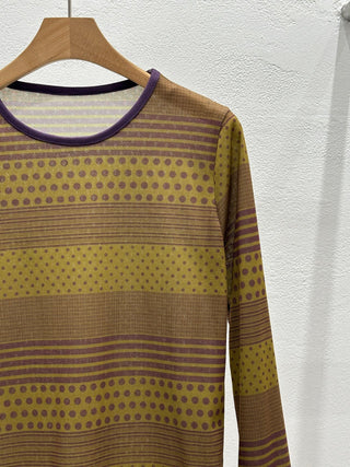 Punched striped dot pattern long-sleeve T-shirt