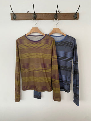 Punched striped dot pattern long-sleeve T-shirt