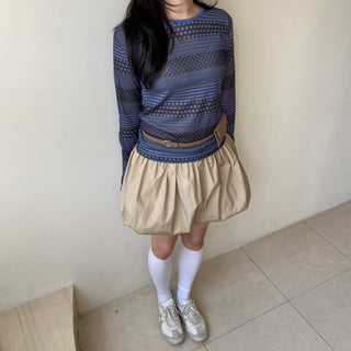 Punched striped dot pattern long-sleeve T-shirt