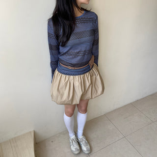 Punched striped dot pattern long-sleeve T-shirt