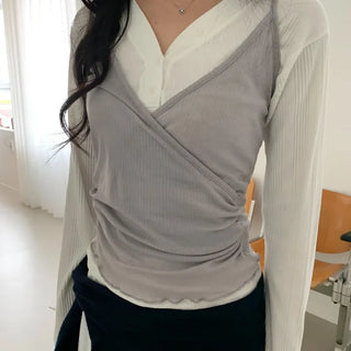 Layered Wrap Tencel Sleeveless V-Neck Bustier