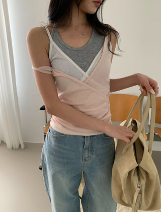 Layered Wrap Tencel Sleeveless V-Neck Bustier