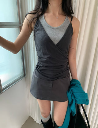 Layered Wrap Tencel Sleeveless V-Neck Bustier