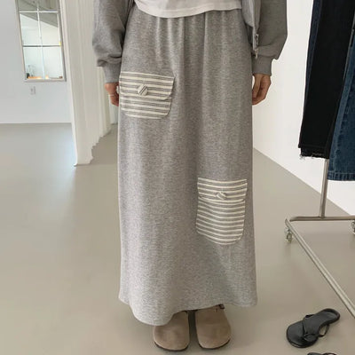 Striped pocket terry long skirt pocket elastic skirt