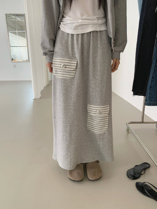 Striped pocket terry long skirt pocket elastic skirt