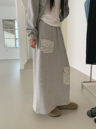 Striped pocket terry long skirt pocket elastic skirt