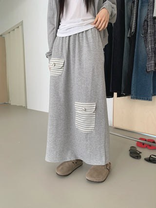 Striped pocket terry long skirt pocket elastic skirt