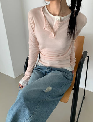 Vivid Tencel Henley Neck Layered T-shirt Spring Long Sleeve