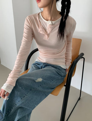 Vivid Tencel Henley Neck Layered T-shirt Spring Long Sleeve