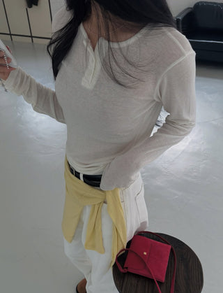 Vivid Tencel Henley Neck Layered T-shirt Spring Long Sleeve