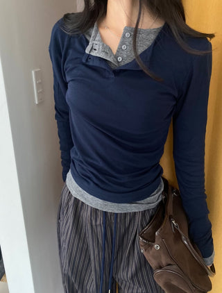 Vivid Tencel Henley Neck Layered T-shirt Spring Long Sleeve