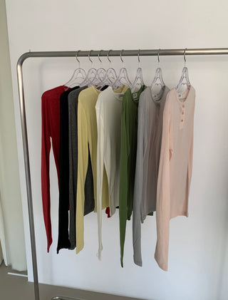 Vivid Tencel Henley Neck Layered T-shirt Spring Long Sleeve