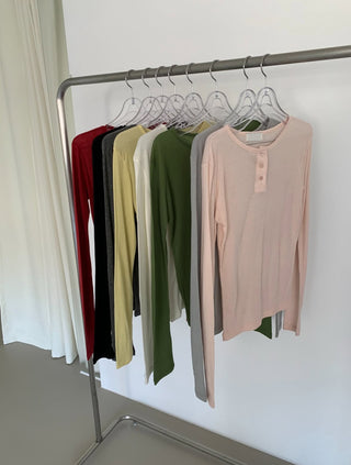 Vivid Tencel Henley Neck Layered T-shirt Spring Long Sleeve