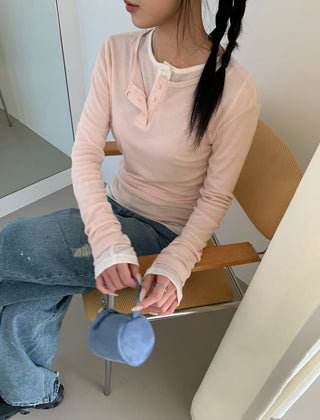 Vivid Tencel Henley Neck Layered T-shirt Spring Long Sleeve