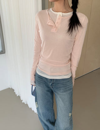 Vivid Tencel Henley Neck Layered T-shirt Spring Long Sleeve