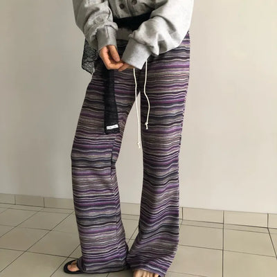 Bohemian hippie striped bootcut pants vintage striped layered elastic pants