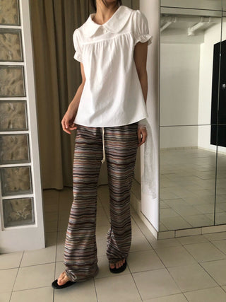 Bohemian hippie striped bootcut pants vintage striped layered elastic pants