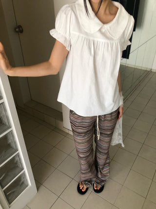 Bohemian hippie striped bootcut pants vintage striped layered elastic pants