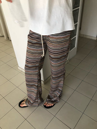 Bohemian hippie striped bootcut pants vintage striped layered elastic pants
