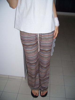 Bohemian hippie striped bootcut pants vintage striped layered elastic pants