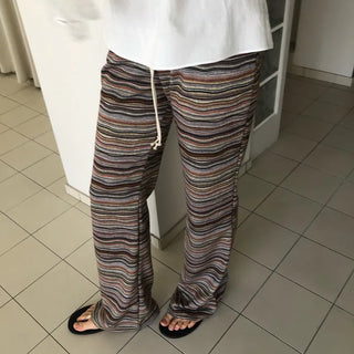 Bohemian hippie striped bootcut pants vintage striped layered elastic pants