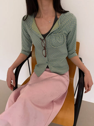Dot Stripe Mix 3/4 Sleeve Cardigan Summer Vintage Cardigan