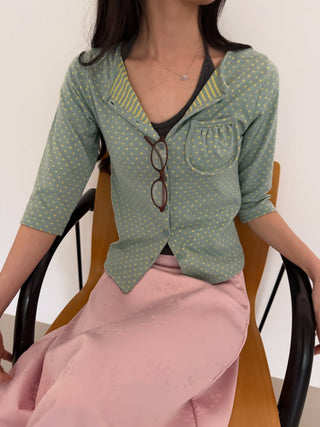 Dot Stripe Mix 3/4 Sleeve Cardigan Summer Vintage Cardigan