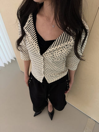 Dot Stripe Mix 3/4 Sleeve Cardigan Summer Vintage Cardigan