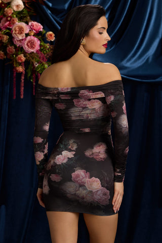 Off-Shoulder Ruched Bodycon Mini Dress in Black Floral Print