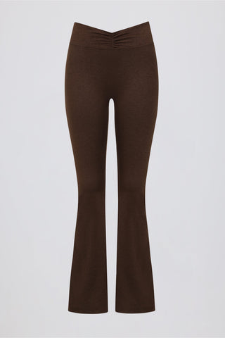 Brushed Jersey Ruched Flared Trousers in Pecan Marl