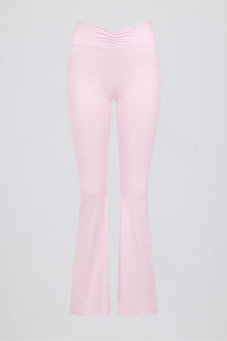 Brushed Jersey Ruched Flared Trousers in Pale Pink Marl