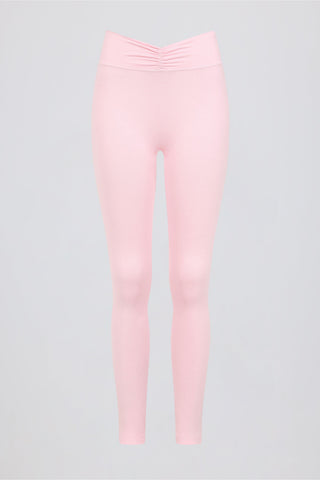 Brushed Jersey Ruched Mid-Rise Leggings in Pale Pink Marl