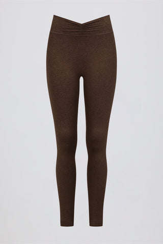Brushed Jersey Ruched Mid-Rise Leggings in Pecan Marl