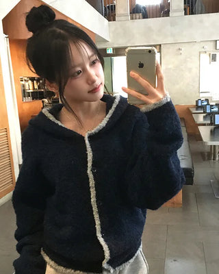 Two-tone hooded cardigan