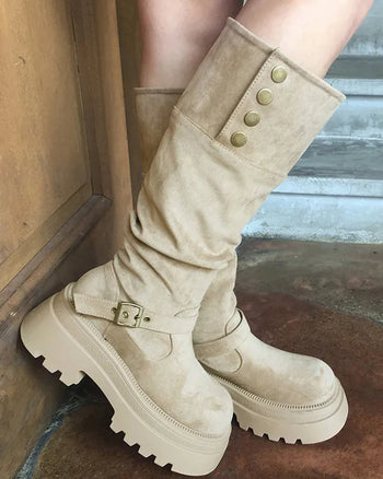 Button suede platform long boots