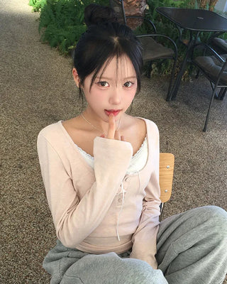 Layered Lace Shirring Long Sleeve T-Shirt