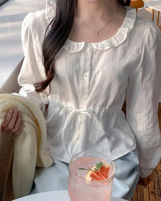 Punched ruffle long-sleeve blouse