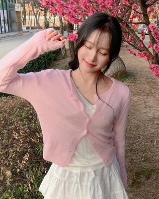 Wool blend crew neck knit cardigan