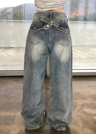 Back-belt washed wide-leg pants