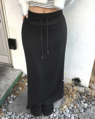Elastic waistband, fleece-lined long skirt