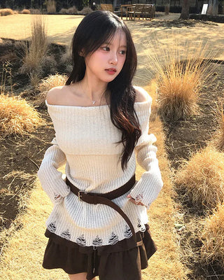 Belted distressed off-shoulder knit