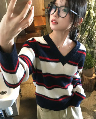Wool blend V-neck striped knit