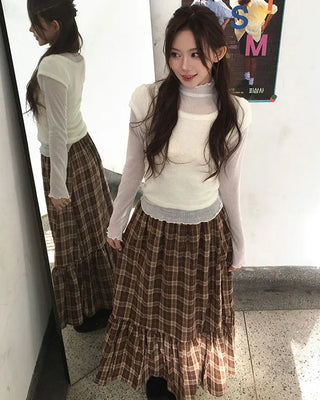 Checked frill flared long skirt
