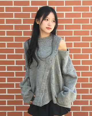 Wool blend asymmetrical button-up off-shoulder knit