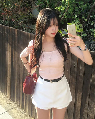 Belted mini skirt pants