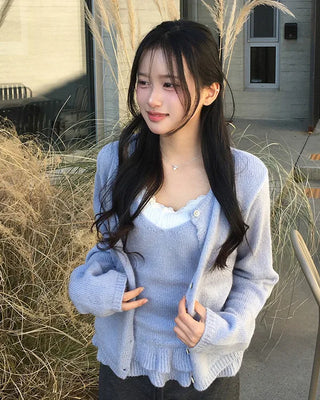 (Set) Frill Camisole & Knit Cardigan