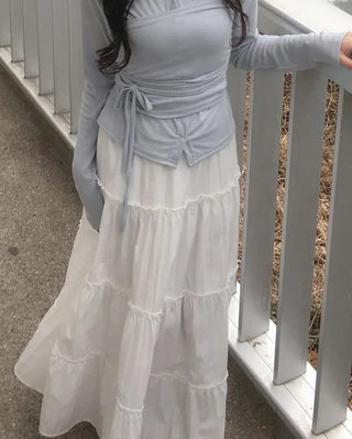 Frilled flared long skirt