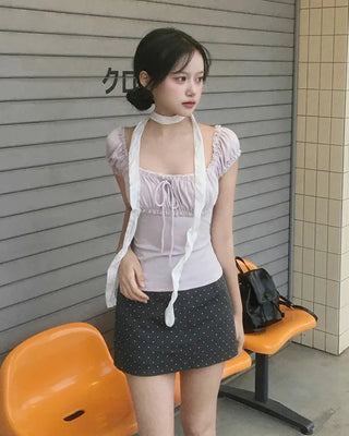 [4 colors] Shirred Lace Frill T-shirt