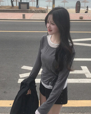 Two-tone layered long-sleeve T-shirt